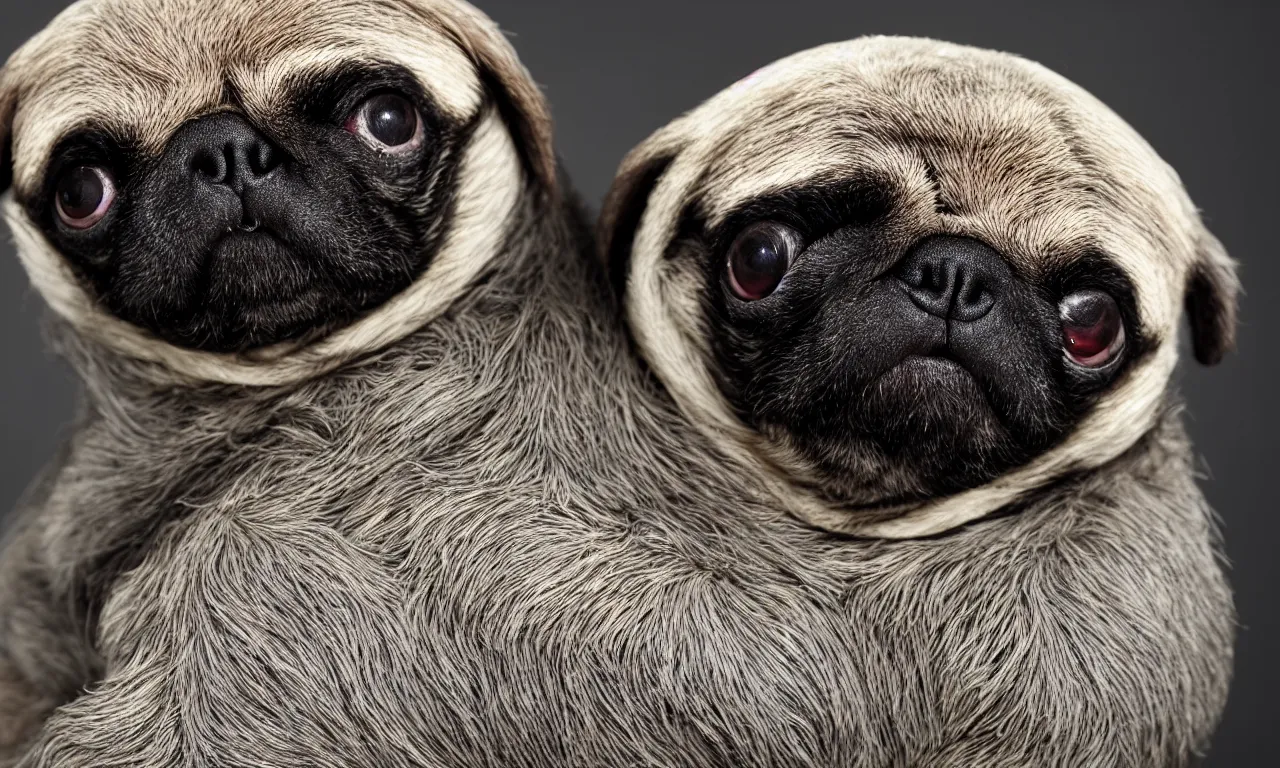 Image similar to sloth cross pug hybrid, chymera, in laboratory panoramic, wide depth of field, 8 k
