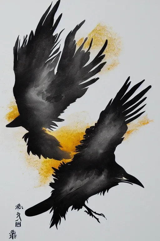 Image similar to beautiful serene smart raven, healing through motion, minimalistic golden ink airbrush painting on white background, studio ghibli