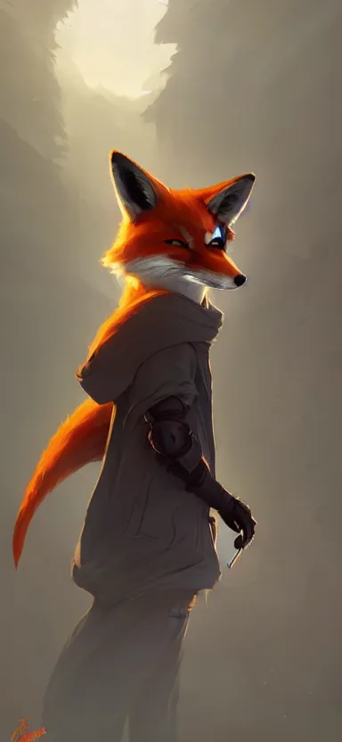 Prompt: a concept art of anthropomorphic fox in a hoodie hacking a notebook, artstation, digital art, oc commission, style by jordan grimmer and greg rutkowski