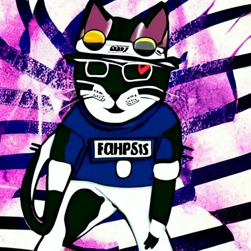 Image similar to cat dressed as a football hooligan in a vaporwave style