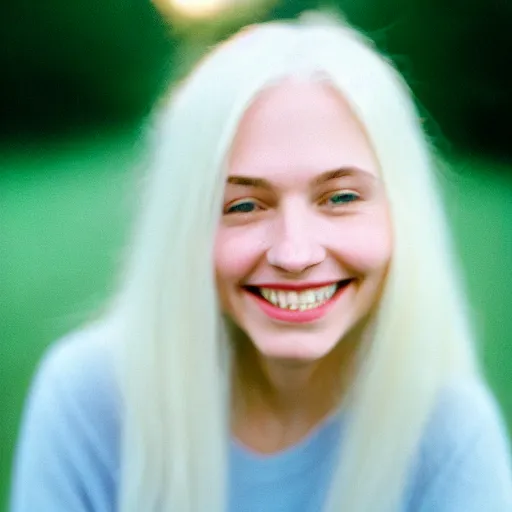 Image similar to beautiful portrait of a cute thing young woman smiling softly, long white hair, flushed face, blue eyes, golden hour, 8 k, portra 4 0 0