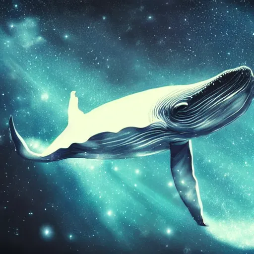 Image similar to portrait of whale swimming on a dark night sky in space, flying across the universe, galaxies, oniric, dreamy, beautiful, highly detailed, realistic, cinematic, dynamic composition