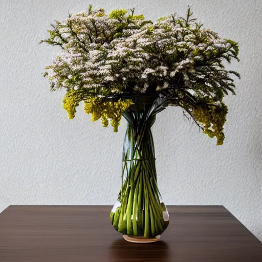 Image similar to a photo of 8k Ikebana in flower vase, ultra wide angle, sony a7r3, ultra detail, photorealistic, in simple background