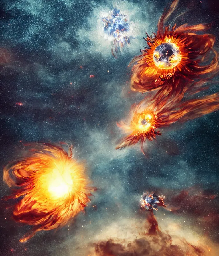 Image similar to impressive ominous cinematic fine photo of a spiraling exploding sun launching flowers across the starry night sky, lighting impressive masterpiece hyper ultra detailed intricate sharp focus 8 k realistic illustration canon eos r 3 fujifilm x - t 3 0 sony alpha, artgerm colorful!!!, trending on artstation behance cgsociety, octane render nvidia raytracing demo