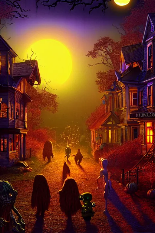 Image similar to a hyperrealistic vray rendering of a quiet autumn town being invaded by monsters in the night, cinematic horror by chris cunningham, lisa frank, richard corben, highly detailed, vivid color,