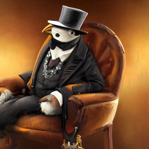 Image similar to oil painting of grumpy rich steampunk penguin, sitting in fancy chair, wearing top hat, holding gold watch, steampunk factory background, sharp focus, fantasy style, octane render, volumetric lighting, 8k high definition, by greg rutkowski, highly detailed, trending on art Station, magic the gathering artwork, centered, deviantart,