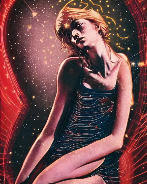 Prompt: a baroque painting of a gorgeous young woman in dead space, with wild blonde hair and haunted eyes, 1 9 7 0 s, space station, neon light showing injuries, delicate ex embellishments, painterly, offset printing technique