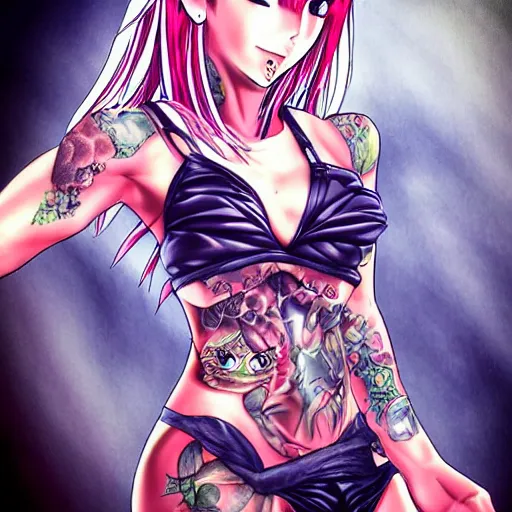 Prompt: muscular girl, tattooed body, HD, anime style,