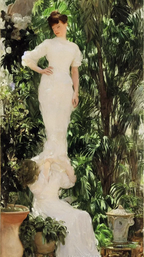 Image similar to rebekah delrio wear a lace dress in a botanical room set near a persian pot and palm treeby john singer sargent