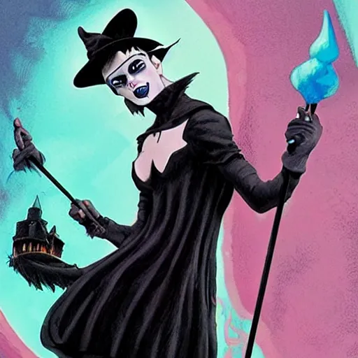 Prompt: a goth witch guy casting spells, by jamie hewlett and artgerm, aesthetic,