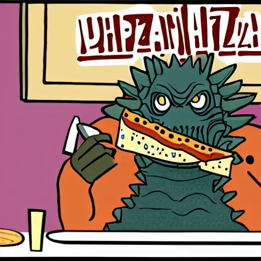 Prompt: an godzilla eating pizza with a fork