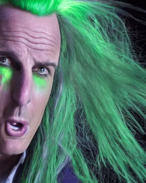 Image similar to Will Arnett as Beetlejuice, green hair, cinematic lighting, 4k photograph