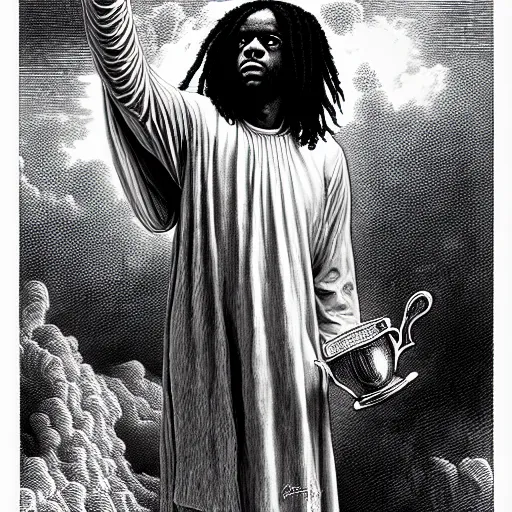 Image similar to cheef keef ascending into heaven holding cup of lean, biblical image, style of gustave dore, highly detailed, beautiful, high contrast, black and white