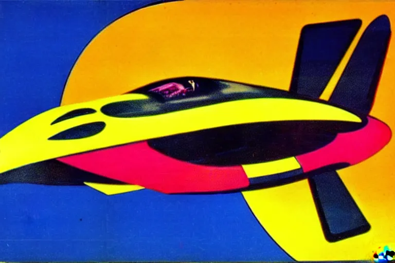 Prompt: ( ( ( ( ( 1 9 5 0 s retro future space fighter jet. vibrant tertiary colors. ) ) ) ) ) by sony, apple, and mondrian!!!!!!!!!!!!!!!!!!!!!!!!!!!!!!