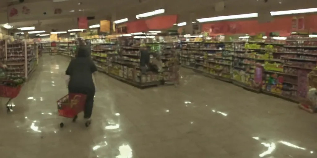 Image similar to elderly goblin women sneaking through abandoned grocery store aisle, screenshot of found footage, flash photography
