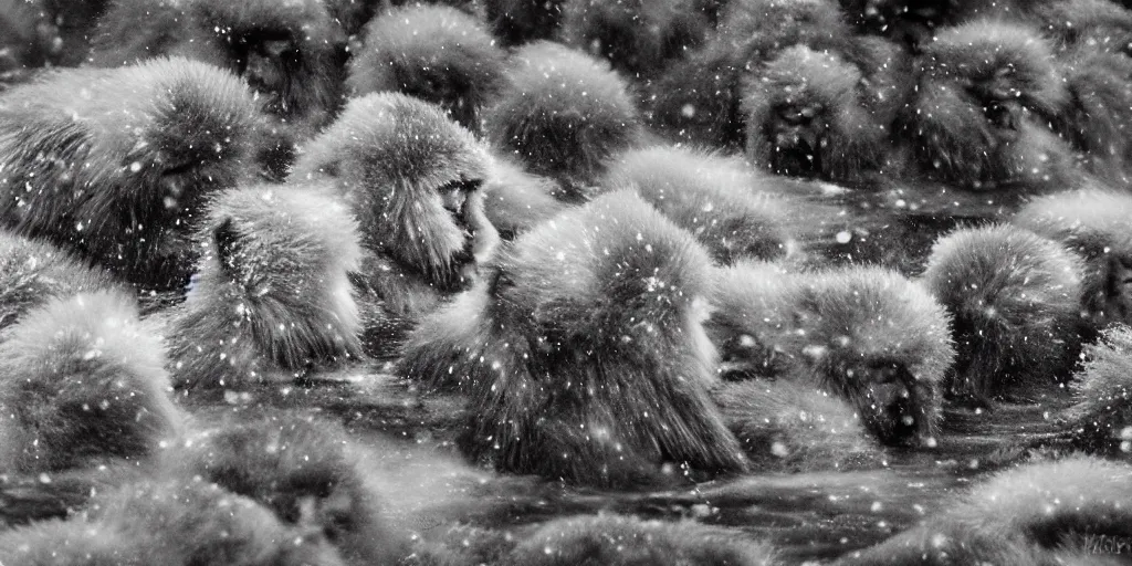 Image similar to scenic mountain setting, snow monkeys gather at the natural spa, highly detailed, snow flurry, cold, steamy, desaturated, inquisitive, striking, contemplative, watercolor, dry brush