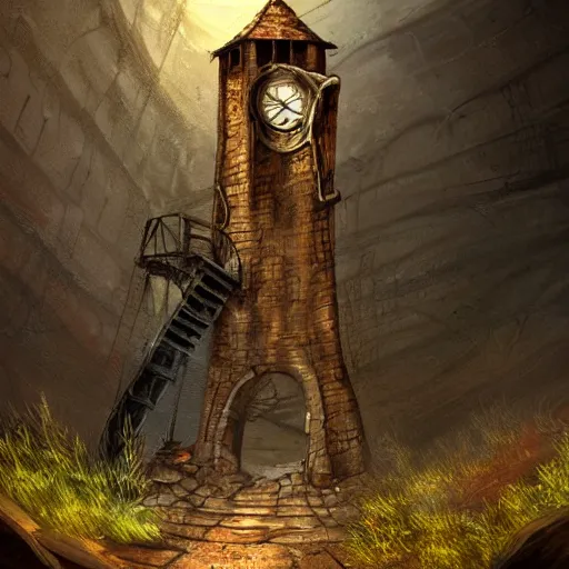 Prompt: an abandoned old,rusty, clock tower in a dark enormous cave, painting, illustration, Concept art, art station, DeviantArt