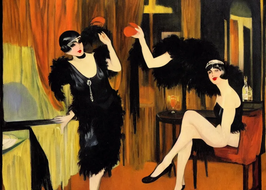 Image similar to a 1 9 2 0 s flapper woman reaching her hand in black satin gloves toward the camera, as a jazz party with people dancing is happening behind her in a dimly lit speakeasy, circa 1 9 2 4, painting in the style of edward hopper