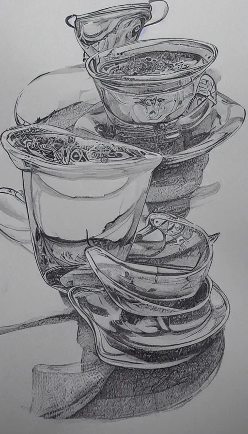 Image similar to 2 cups drawn with fountain pen , beautiful composition , extremely detailed