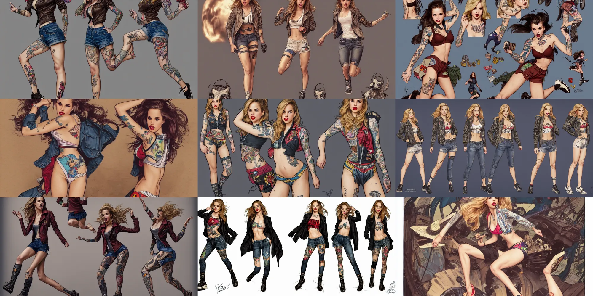 Prompt: cartoonish tattooed pinup girl halston sage wearing a jacket and ripped shorts running and jumping, character sheet, character design,, contrast, deep focus, turnaround, highly detailed, dramatic lighting, digital painting, artstation, concept art, matte, sharp focus, illustration, elegant, art by artgerm and greg rutkowski and alphonse mucha.