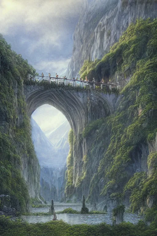 Image similar to beautiful detailed matte painting of Rivendell at the gorge, evening, Alan Lee, Artstation