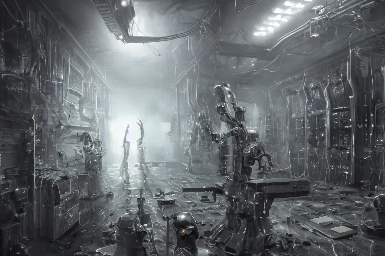 Image similar to parallax volumetric coherent gloomy colossal ruined server room in datacenter portrait by eddie mendoza blender robot figure automata headless drone robot welder posing pacing fixing soldering mono sharp focus, emitting diodes, smoke, artillery, sparks, racks, system unit, motherboard, artstation cgsociety artofmtg hyperrealism cinematic dramatic painting concept art of detailed character design