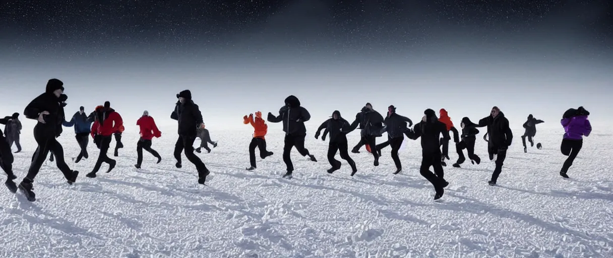 Image similar to a creepy backlit hyper detailed photo realistic vivid close up photograph of a group of six complete people in the snow at night in antarctica running through mcmurdo station base screaming oh my god