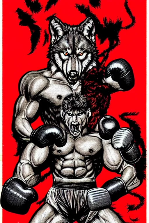 Image similar to extreme long shot. 8 bit nes graphics. antropomorphic muscular masculine wolf. kickboxer fighter, in shorts. wolf head. angry. fine details, very sharp, art from nes game cartridge, 8 0's, vhs artefacts, vaporwave style, marc simonetti and hermann nitsch and anish kapoor.