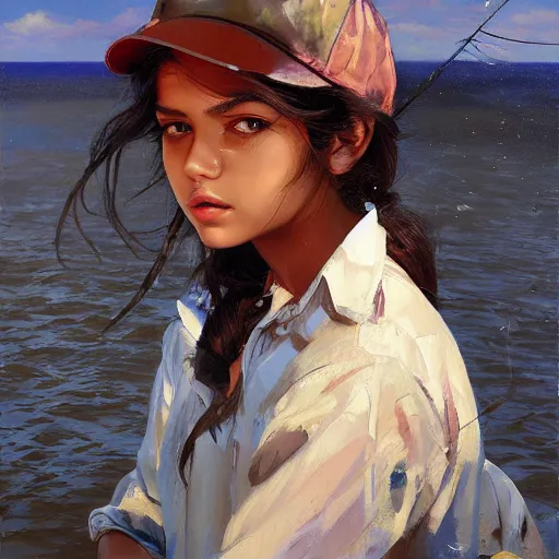 Image similar to oil painting by ilya kuvshinov,, baugh casey, artgerm craig mullins, coby whitmore, of a youthful indian girl, long hair, fishing and wearing fisherman's outfit, fisherman's hat, highly detailed, breathtaking face, studio photography, noon, intense bounced light, water reflection, large tree casting shadow, serine intense sunlight