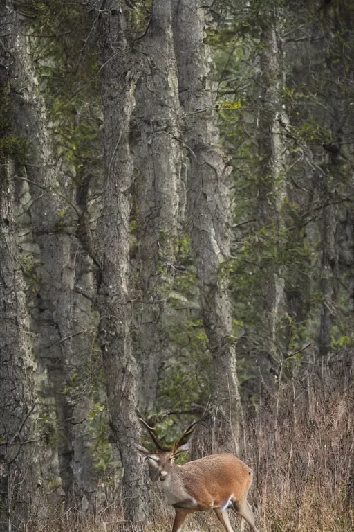 Prompt: a close up of a white - eyed deer, background of a landscape misty forest scene, the sun glistening through the trees