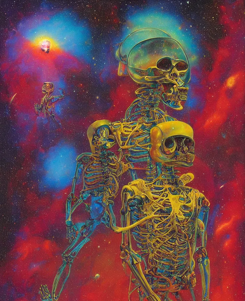 Prompt: a psychedelic cosmonaut skeleton robot tearing his suit off, rainbow melting color scheme, floating in the cosmos nebula, glass space helmet, Beksinski, Greg Hildebrandt, 8k highly detailed ❤️‍🔥 🔥 💀 🤖 🚀