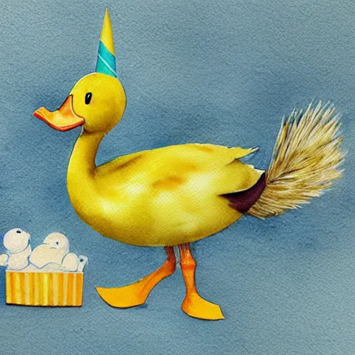 Prompt: hyper realistic watercolor yellow duck with party horn, cute illustration by basia tran
