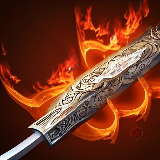 Prompt: magical sword with flames running up and down the blade, digital art, high quality, intricate design, 3d render, art station top 10,