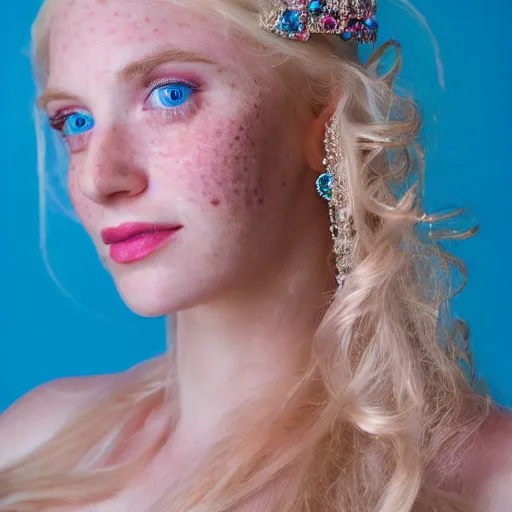 Image similar to close up headshot of a princess with long blonde hair and blue eyes wearing a strapless elaborately beaded pink dress, high resolution film still, 8k, HDR color, film by Simon Langton and David Frankel, triangular face, freckles, narrow chin