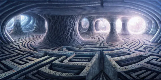 Image similar to painting of a labyrinth in the style of nebulapunk by dan seagrave and tomasz alen kopera