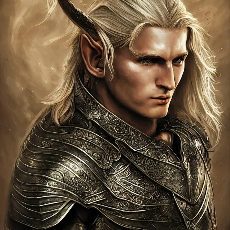 Image similar to elvish blonde male warrior, lord of the rings style, realistic, full body, fantasy, elvish, sharp focus, 8 k high definition, character portrait, portrait, close up, concept art, insanely detailed, intricate, elegant, art by stanley lau and artgerm