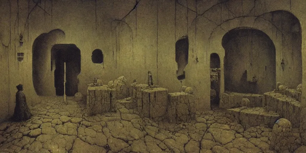 Image similar to room of alchemist, room of magician, by Beksinski