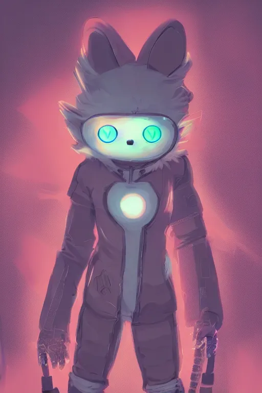 Image similar to a cute cyberpunk anthropomorphic fox with a fluffy tail, comic art, trending on furaffinity, cartoon, kawaii, backlighting, furry art!!!, warm light, concept art, glitch art