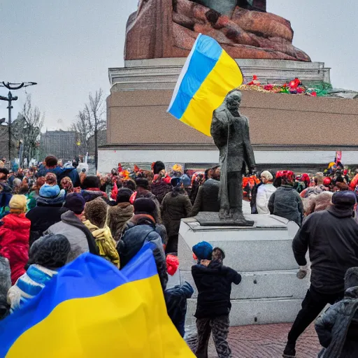 Image similar to a crowd of people with ukrainian flags destroy a statue of vladimir lenin, leica sl 2 5 0 mm, vivid color, high quality, high textured, real life