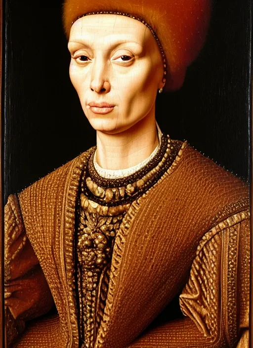 Image similar to portrait of kim kardashian, oil painting by jan van eyck, northern renaissance art, oil on canvas, wet - on - wet technique, realistic, expressive emotions, intricate textures, illusionistic detail