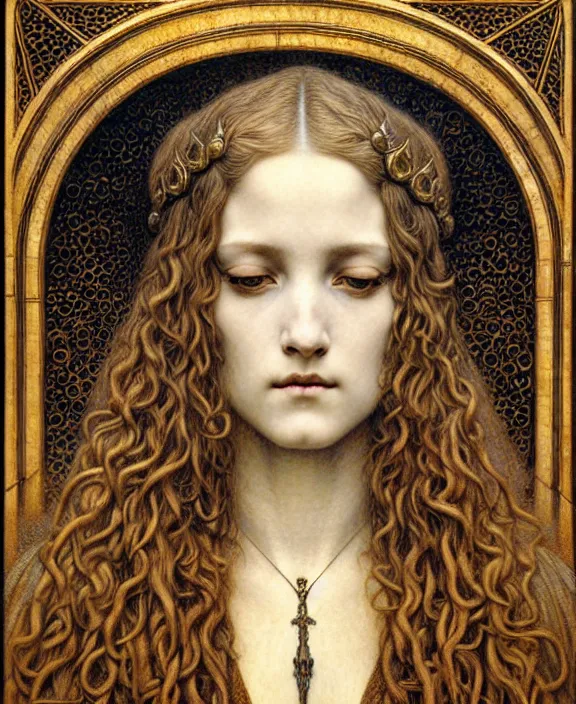 Image similar to detailed realistic beautiful young medieval queen face portrait by jean delville, gustave dore and marco mazzoni, art nouveau, symbolist, visionary, gothic, pre - raphaelite. horizontal symmetry