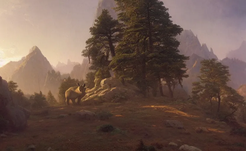 Prompt: massive mountains surrounded by pine forests, the enormous stone statue of a rhinoceros, by albert bierstadt, artstation, low angle, golden hour