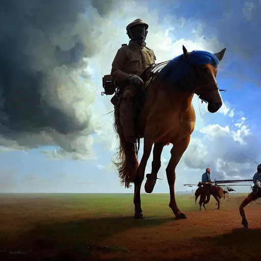 Image similar to the man is carried by the horse, hyperrealism, no blur, 4 k resolution, ultra detailed, style of ron cobb, adolf hiremy - hirschl, syd mead, ismail inceoglu, rene margitte