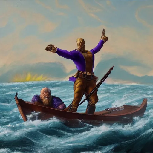 Image similar to painting of thanos crossing the delaware, oil on canvas, highly detailed, faded colors