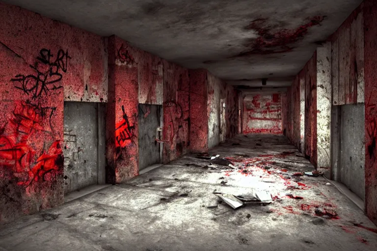 Image similar to Manhunt 3 asylum level concept art, 4k, photorealistic, hd, decrepit walls, falling tiles, graffiti, gritty, splash of dark red near an unconscious person