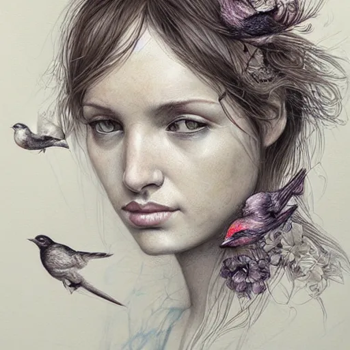 Image similar to an intricate detailed women portrait with birds by marco mazzoni