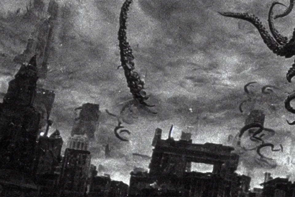 Image similar to still image taken from sci fi horror movie of a cthulhu attacking a city. low camera angle. 1 9 6 0.