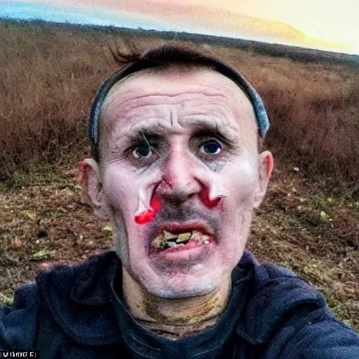 Prompt: last selfie of last alive scared ukrainian very damaged body to bones running from nuclear explosion