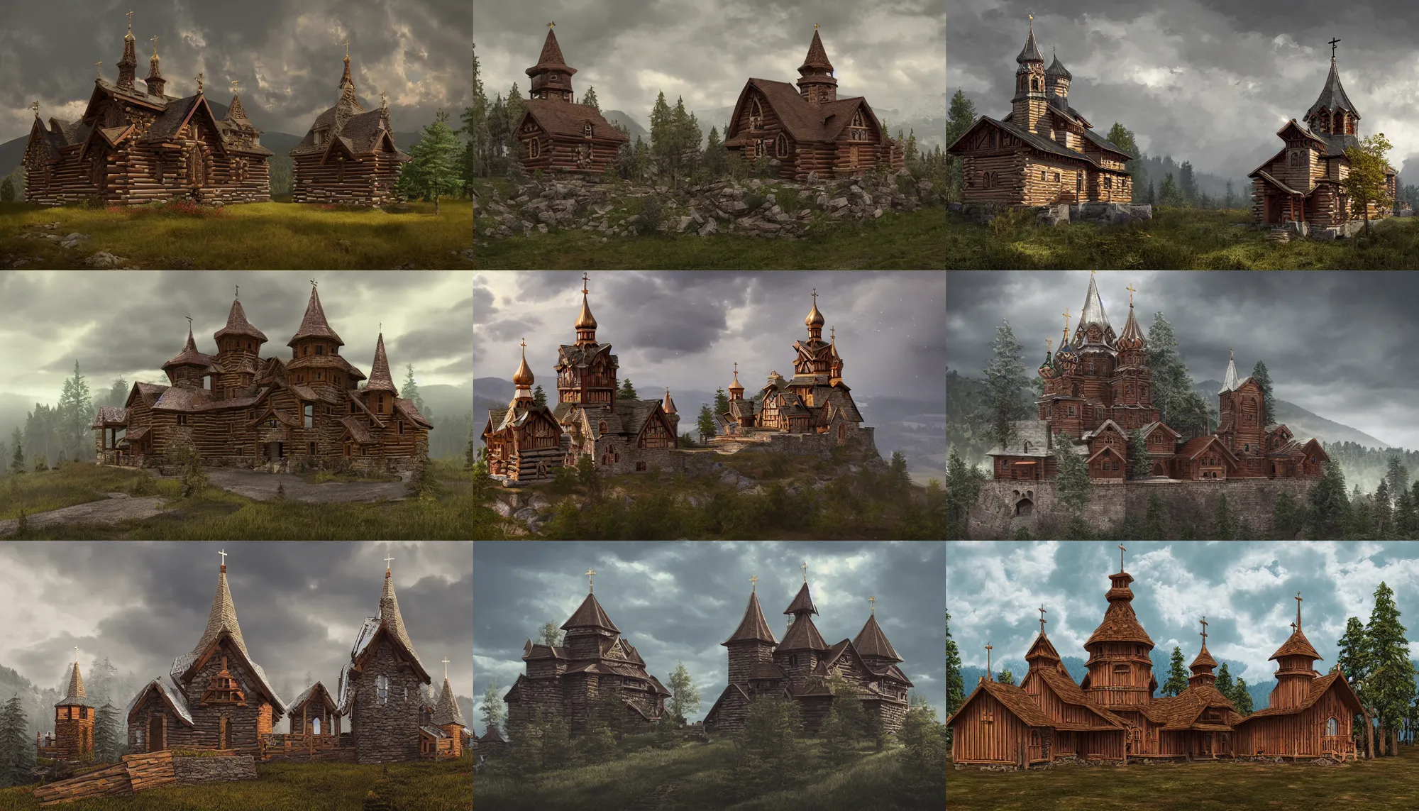 Prompt: tall castle enclosed palisaded, with christian wooden churches and domes on them, log houses built on hills, slavic, russian, slovenian, tartarian architecture, gray skies, hyper - detailed, artstation, cgsociety, 8 k