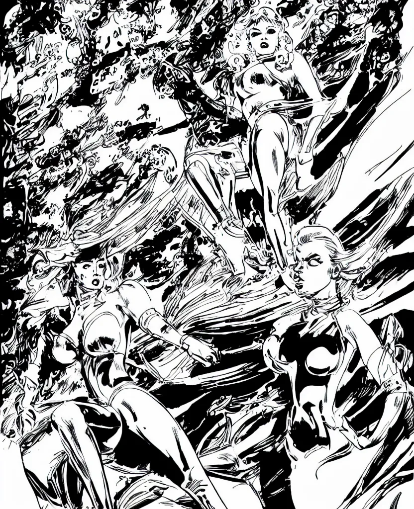 Image similar to comic page, one panel, kylie minogue as barbarella, piloting her starship. retro control panel. drawn by pablo marcos. b & w. black and white.